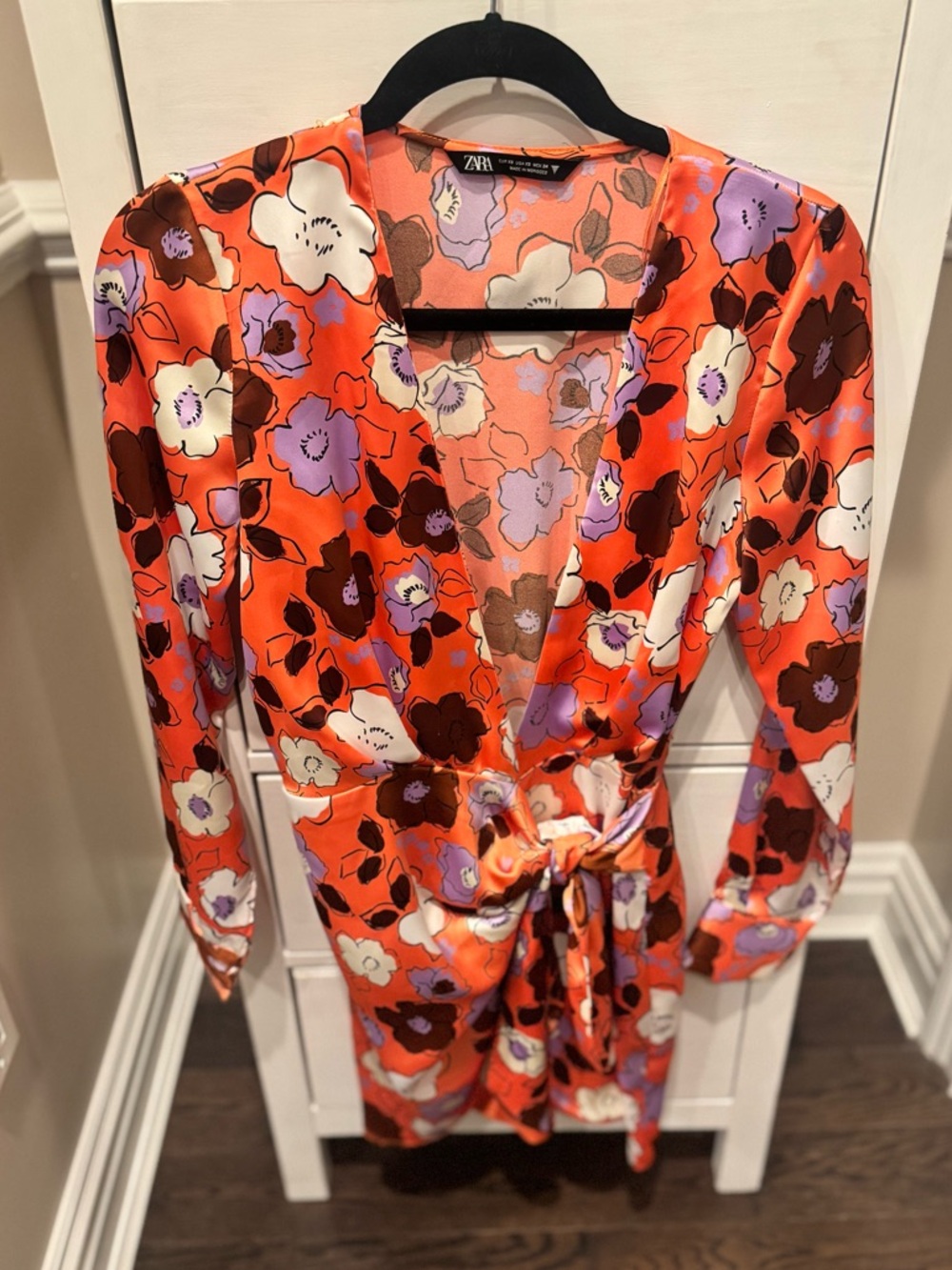 Zara Orange Floral Wrap Dress with Purple, White & Brown Flowers